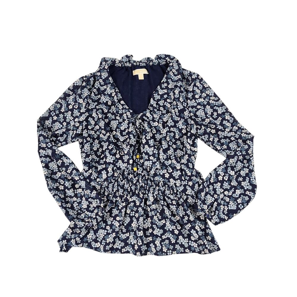 Michael Kors sheer bohemian blue floral print long sleeve smocked waist sz large